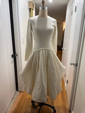 Long-Sleeve Cream Fit & Flare Midi Dress